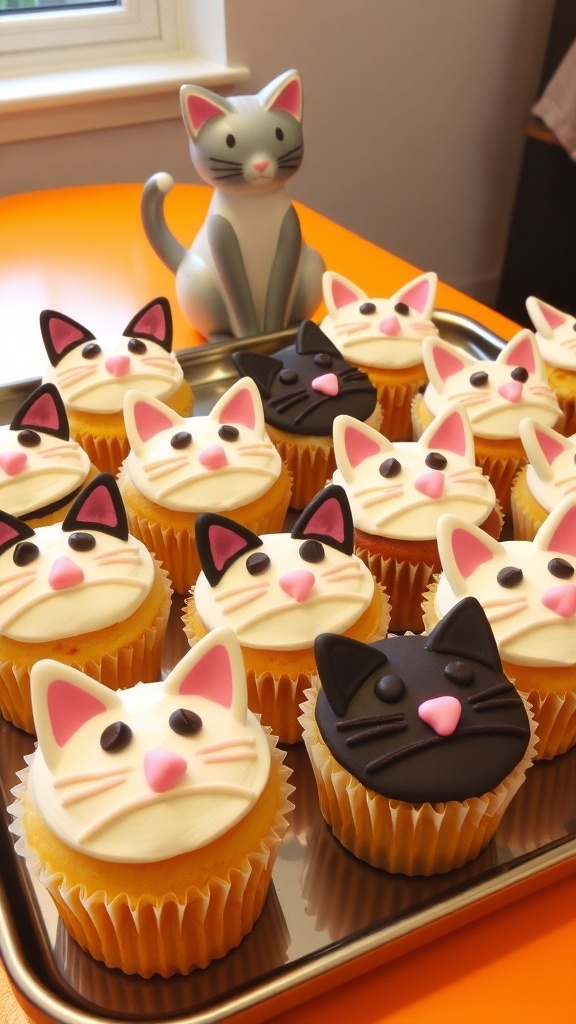 Cat Emoji Recipe: Whimsical Cat-Themed Cupcakes A colorful display of cat-themed cupcakes with frosting cat faces, chocolate chip eyes, and fondant decorations.